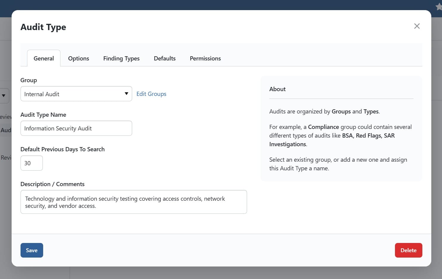 BNControl - Audits - Audit Type Options