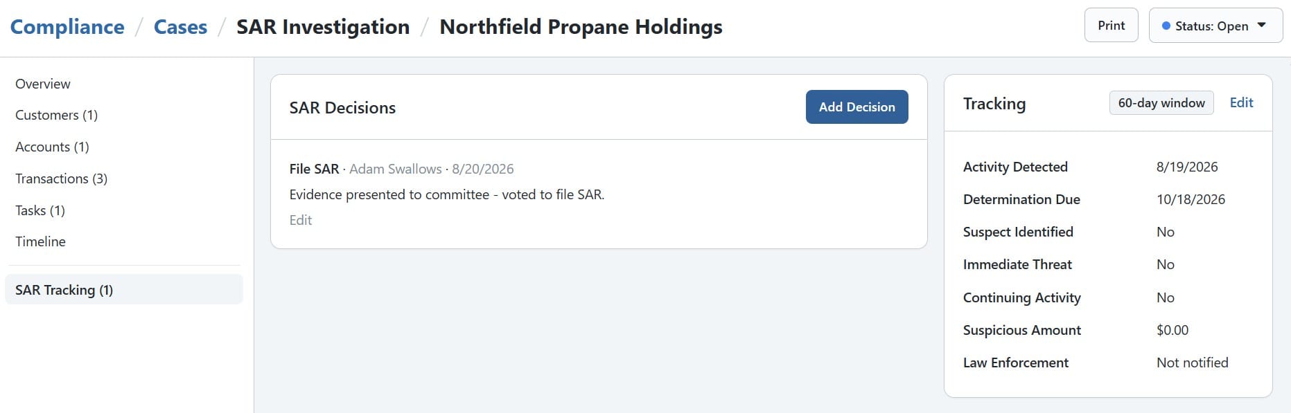 BNControl - Compliance - SAR Decision Tracking