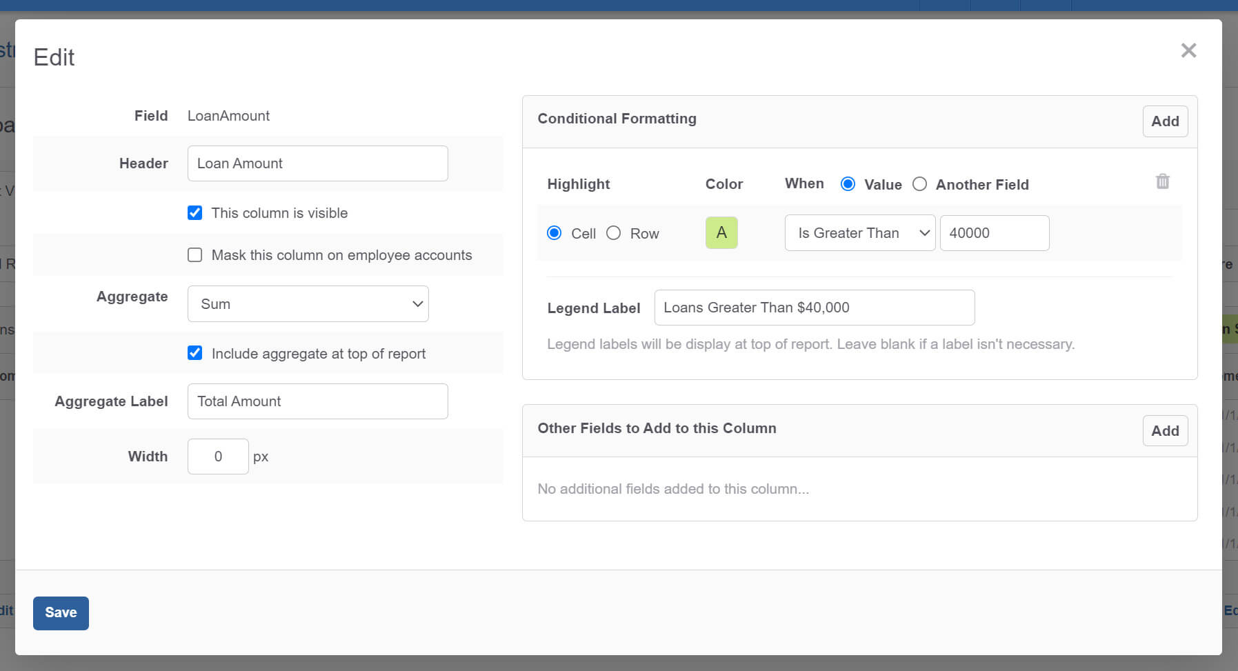 BNControl - Flex Reports - Edit Field